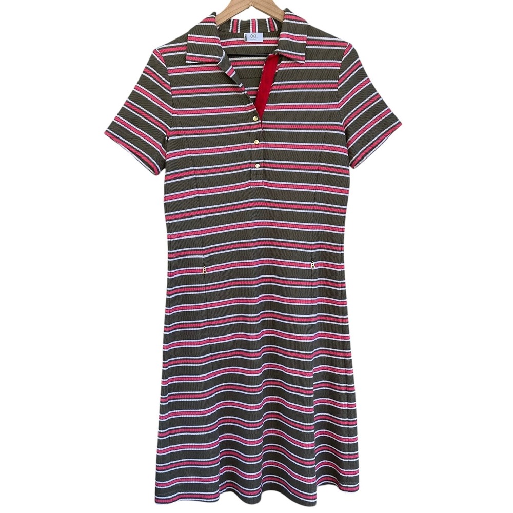 Bogner Womens Striped Polo Golf Dress Olive Taupe Pink Cotton Pique Size 8 US